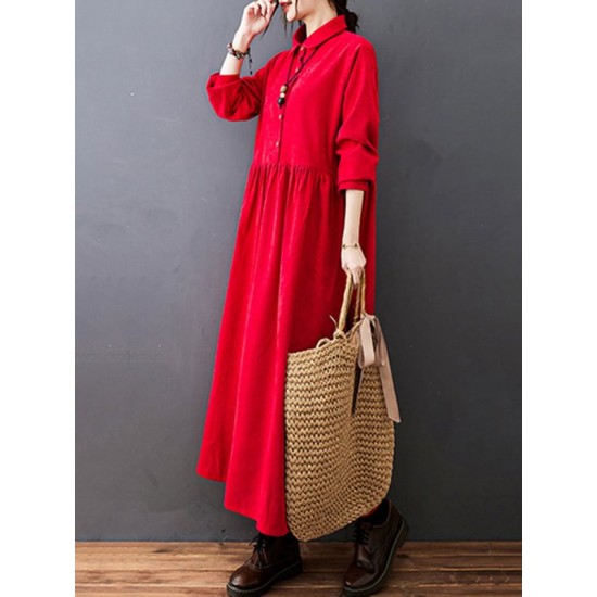 Vintage Split-Joint Solid Color Long Sleeves Lapel A-Line Corduroy Midi Dress