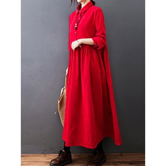 Vintage Split-Joint Solid Color Long Sleeves Lapel A-Line Corduroy Midi Dress