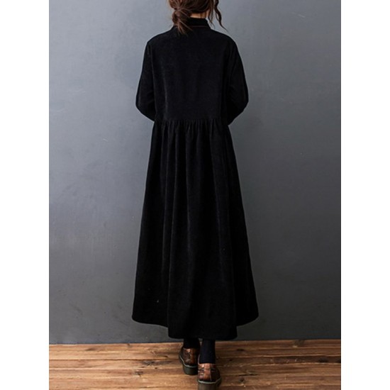 Vintage Split-Joint Solid Color Long Sleeves Lapel A-Line Corduroy Midi Dress