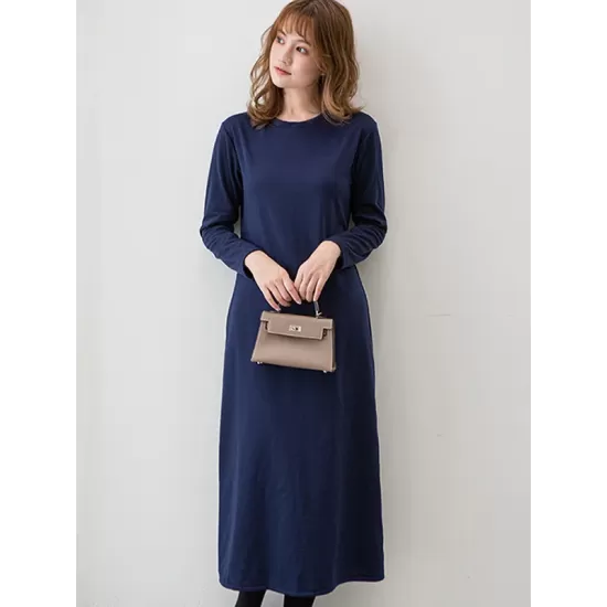 Simple Solid Color Round-Neck A-Line Midi Dress