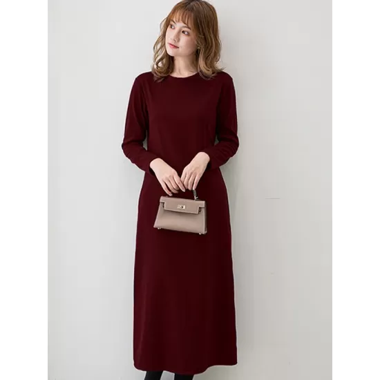 Simple Solid Color Round-Neck A-Line Midi Dress