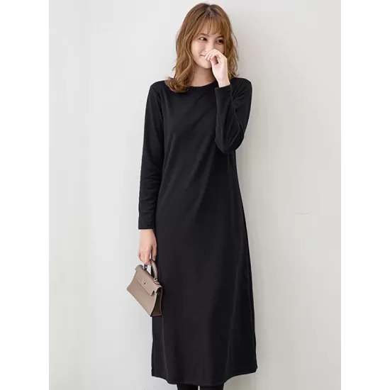 Simple Solid Color Round-Neck A-Line Midi Dress