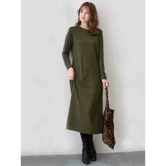 Simple Solid Color Round-Neck A-Line Midi Dress