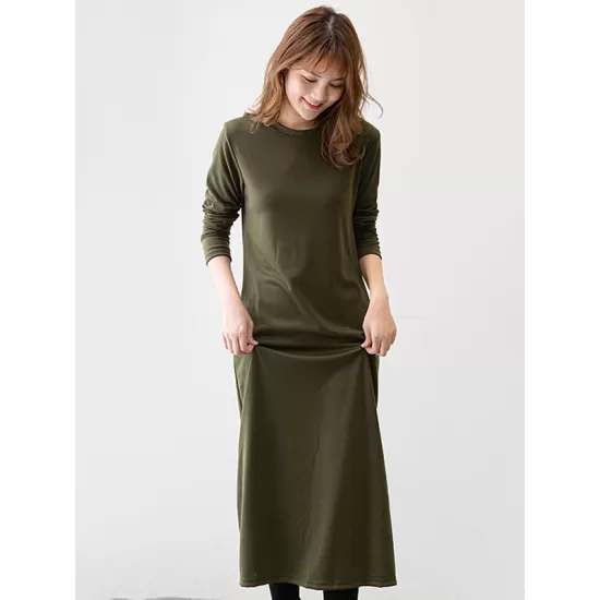 Simple Solid Color Round-Neck A-Line Midi Dress