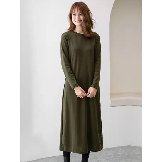 Simple Solid Color Round-Neck A-Line Midi Dress