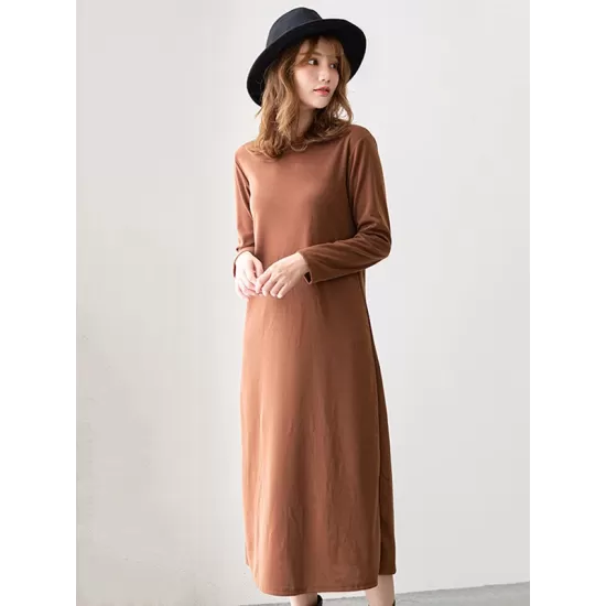 Simple Solid Color Round-Neck A-Line Midi Dress