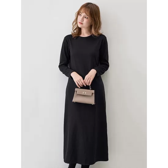 Simple Solid Color Round-Neck A-Line Midi Dress