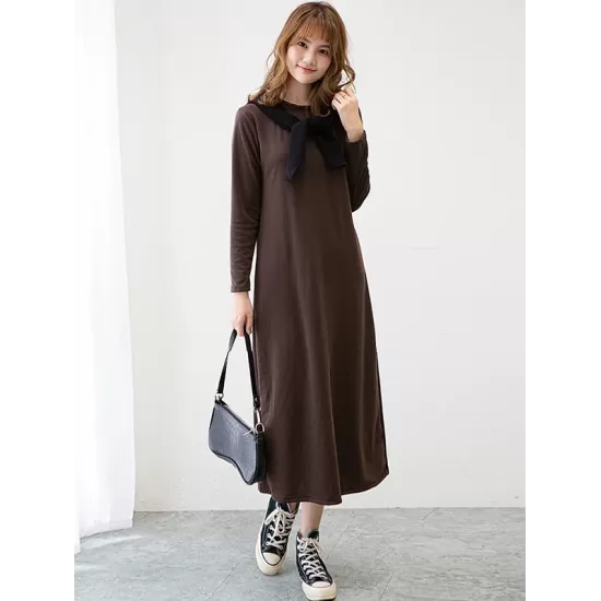 Simple Solid Color Round-Neck A-Line Midi Dress