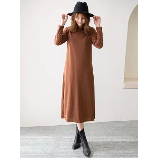 Simple Solid Color Round-Neck A-Line Midi Dress