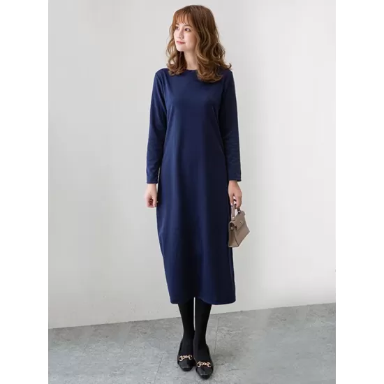 Simple Solid Color Round-Neck A-Line Midi Dress