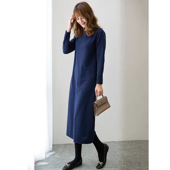 Simple Solid Color Round-Neck A-Line Midi Dress