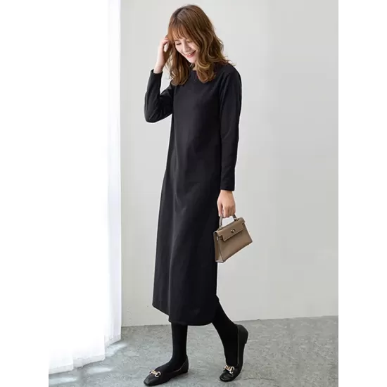 Simple Solid Color Round-Neck A-Line Midi Dress