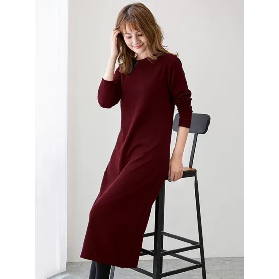 Simple Solid Color Round-Neck A-Line Midi Dress