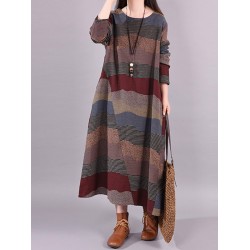 Artistic Retro Loose Ramie Cotton Striped Multi-Colored Round-Neck Long Sleeves Midi Dress