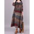 Artistic Retro Loose Ramie Cotton Striped Multi-Colored Round-Neck Long Sleeves Midi Dress