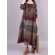 Artistic Retro Loose Ramie Cotton Striped Multi-Colored Round-Neck Long Sleeves Midi Dress