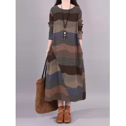 Artistic Retro Loose Ramie Cotton Striped Multi-Colored Round-Neck Long Sleeves Midi Dress