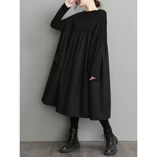 Simple Loose Black Split-Joint Long Sleeves Midi Dress