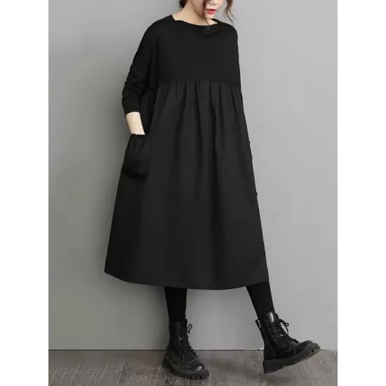 Simple Loose Black Split-Joint Long Sleeves Midi Dress