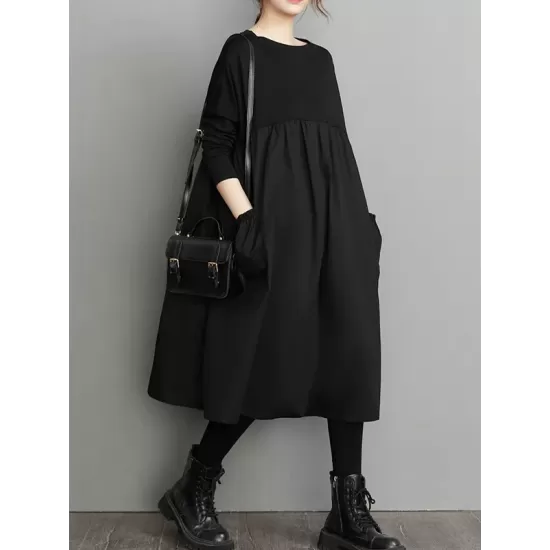 Simple Loose Black Split-Joint Long Sleeves Midi Dress