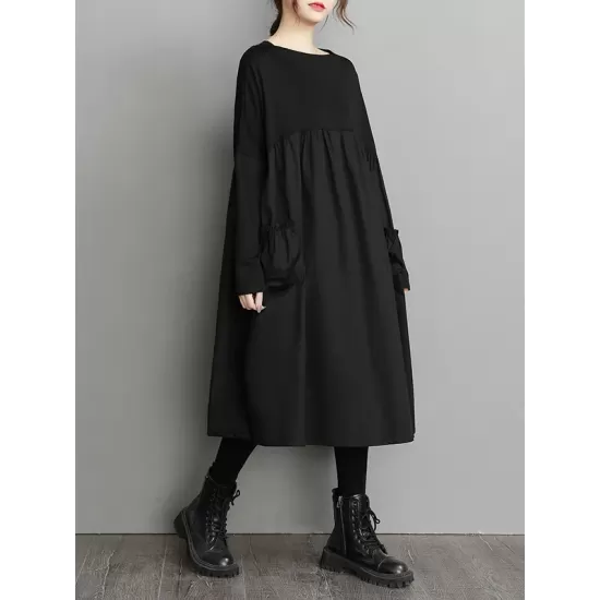 Simple Loose Black Split-Joint Long Sleeves Midi Dress