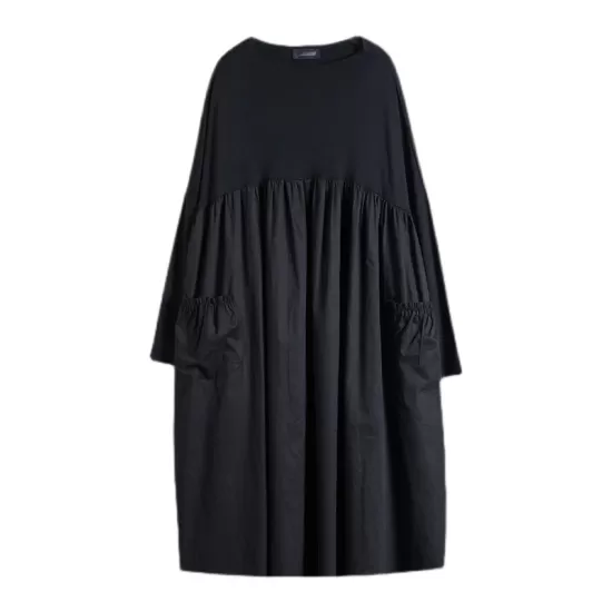 Simple Loose Black Split-Joint Long Sleeves Midi Dress