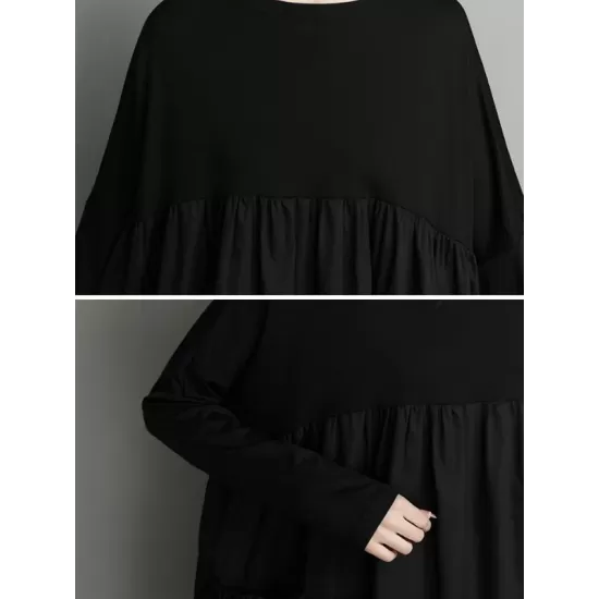 Simple Loose Black Split-Joint Long Sleeves Midi Dress