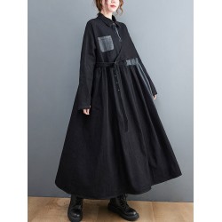 Original Loose Denim Split-Joint Tied Lapel Collar Long Sleeves Midi Dress