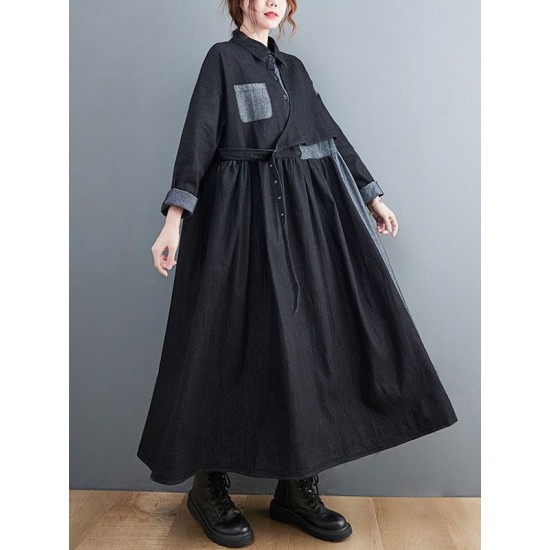 Original Loose Denim Split-Joint Tied Lapel Collar Long Sleeves Midi Dress