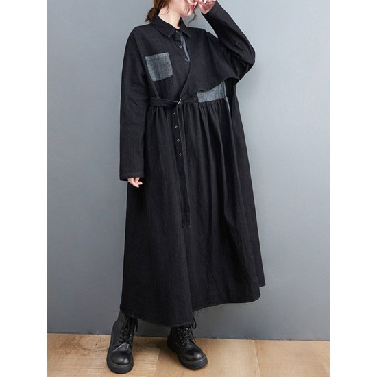 Original Loose Denim Split-Joint Tied Lapel Collar Long Sleeves Midi Dress