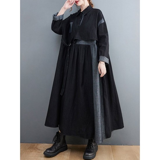 Original Loose Denim Split-Joint Tied Lapel Collar Long Sleeves Midi Dress