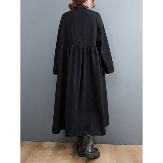 Original Loose Denim Split-Joint Tied Lapel Collar Long Sleeves Midi Dress