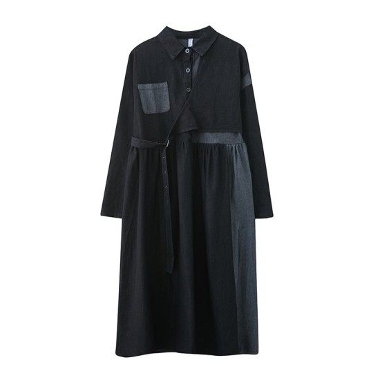 Original Loose Denim Split-Joint Tied Lapel Collar Long Sleeves Midi Dress