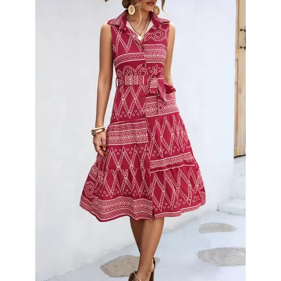 Buttoned Printed Tied Waist Sleeveless Lapel Collar Midi Dresses