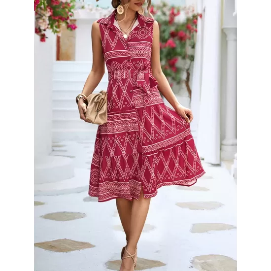 Buttoned Printed Tied Waist Sleeveless Lapel Collar Midi Dresses