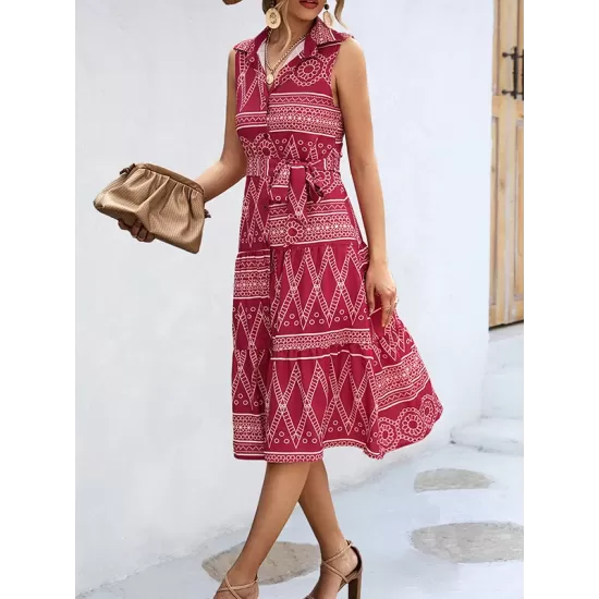 Buttoned Printed Tied Waist Sleeveless Lapel Collar Midi Dresses