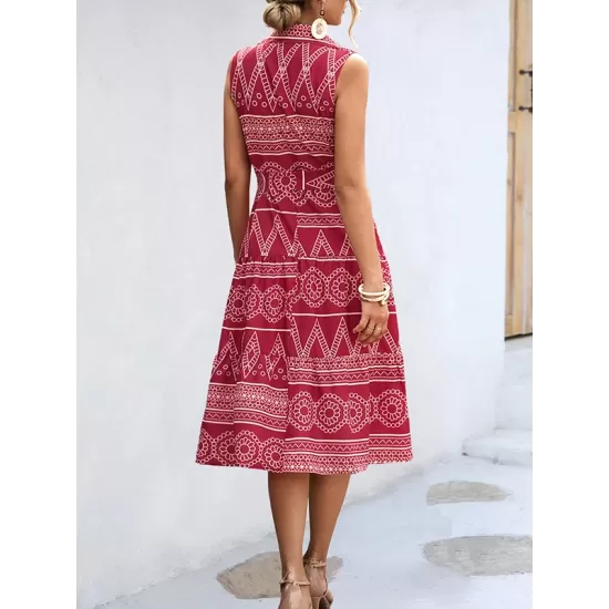 Buttoned Printed Tied Waist Sleeveless Lapel Collar Midi Dresses