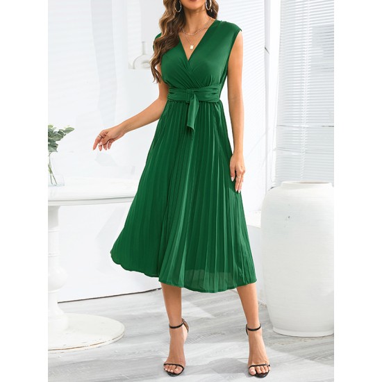 Pleated Solid Color Tied Waist Sleeveless V-Neck Midi Dresses