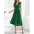 Pleated Solid Color Tied Waist Sleeveless V-Neck Midi Dresses