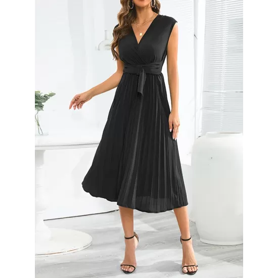 Pleated Solid Color Tied Waist Sleeveless V-Neck Midi Dresses