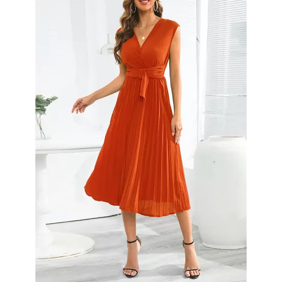 Pleated Solid Color Tied Waist Sleeveless V-Neck Midi Dresses