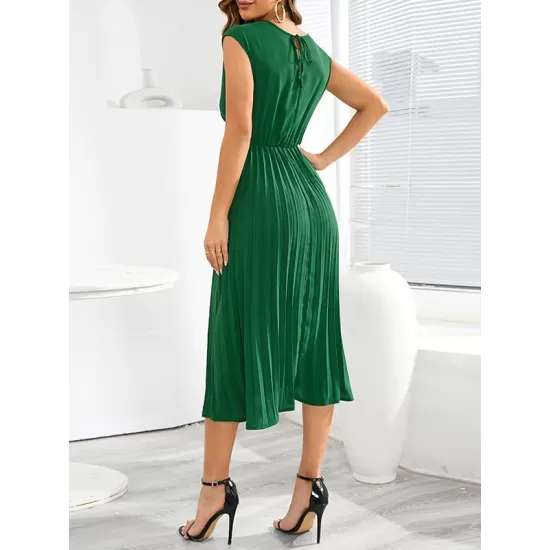 Pleated Solid Color Tied Waist Sleeveless V-Neck Midi Dresses