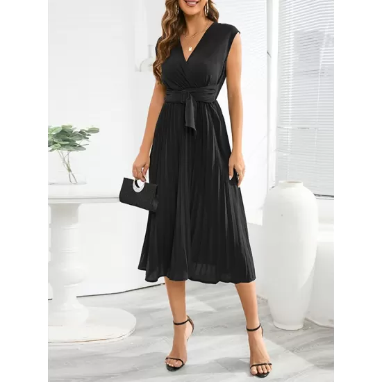 Pleated Solid Color Tied Waist Sleeveless V-Neck Midi Dresses