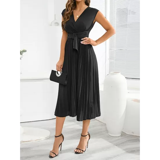 Pleated Solid Color Tied Waist Sleeveless V-Neck Midi Dresses