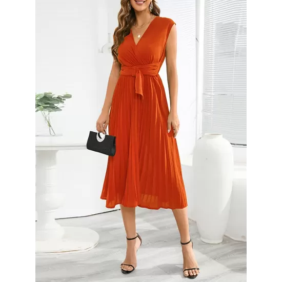 Pleated Solid Color Tied Waist Sleeveless V-Neck Midi Dresses