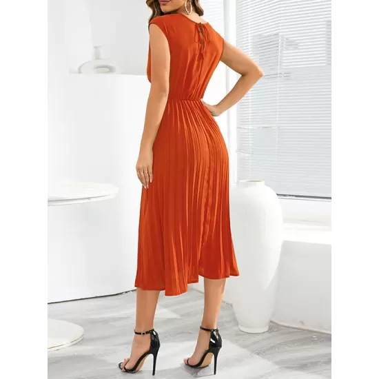 Pleated Solid Color Tied Waist Sleeveless V-Neck Midi Dresses