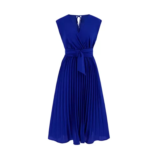 Pleated Solid Color Tied Waist Sleeveless V-Neck Midi Dresses