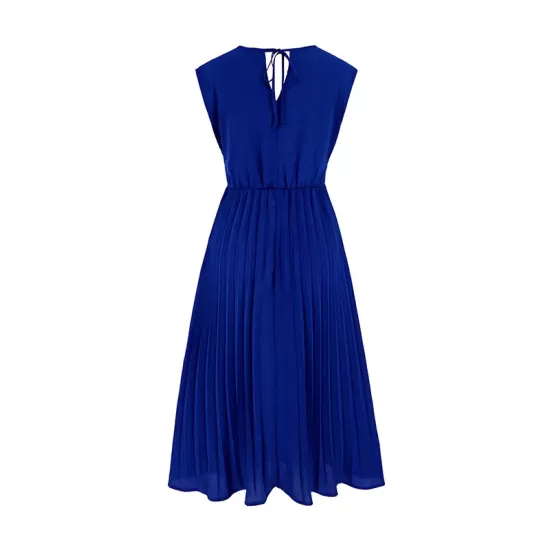 Pleated Solid Color Tied Waist Sleeveless V-Neck Midi Dresses