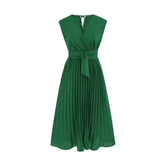 Pleated Solid Color Tied Waist Sleeveless V-Neck Midi Dresses