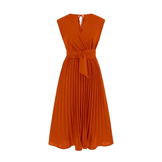 Pleated Solid Color Tied Waist Sleeveless V-Neck Midi Dresses